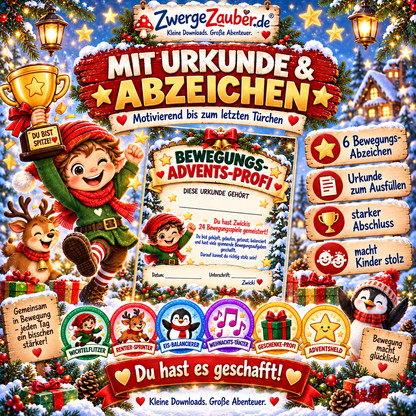 Urkunde und sechs Bewegungs-Abzeichen im Adventskalender mit 24 Bewegungsspielen von ZwergeZauber