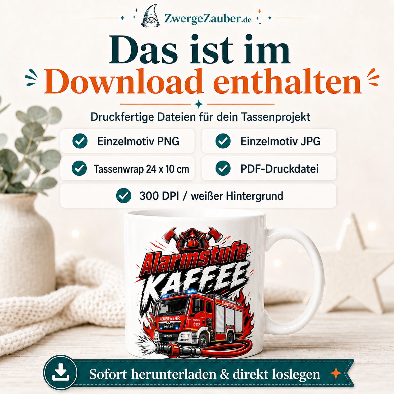Verkaufsbild mit Dateiinhalten des Downloads für Alarmstufe Kaffee: PNG, JPG, PDF und Tassenwrap.
