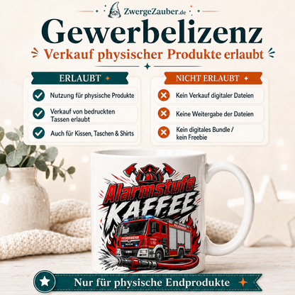 Verkaufsbild zur Gewerbelizenz für physische Endprodukte für das digitale Feuerwehr-Tassendesign Alarmstufe Kaffee.