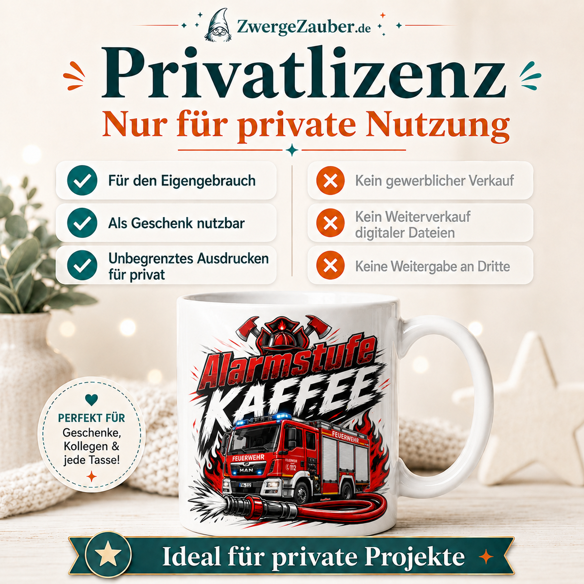 Verkaufsbild zur Privatlizenz für das digitale Feuerwehr-Tassendesign Alarmstufe Kaffee.
