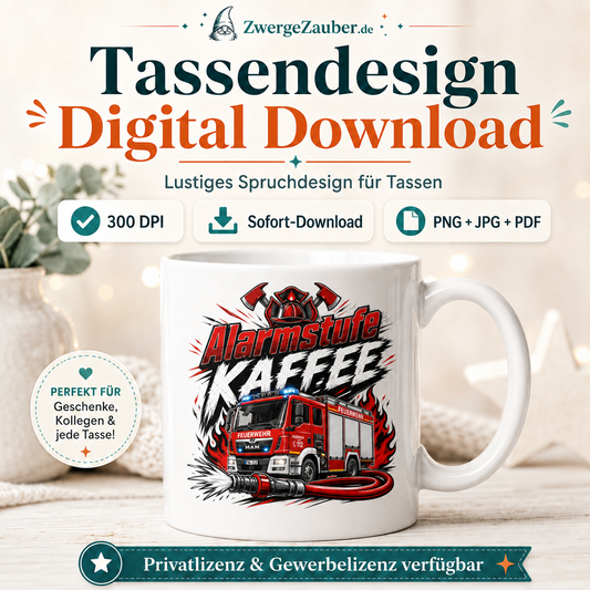 Vorschaubild für digitales Tassendesign Alarmstufe Kaffee mit weisser Tasse und Sofort-Download-Hinweisen.