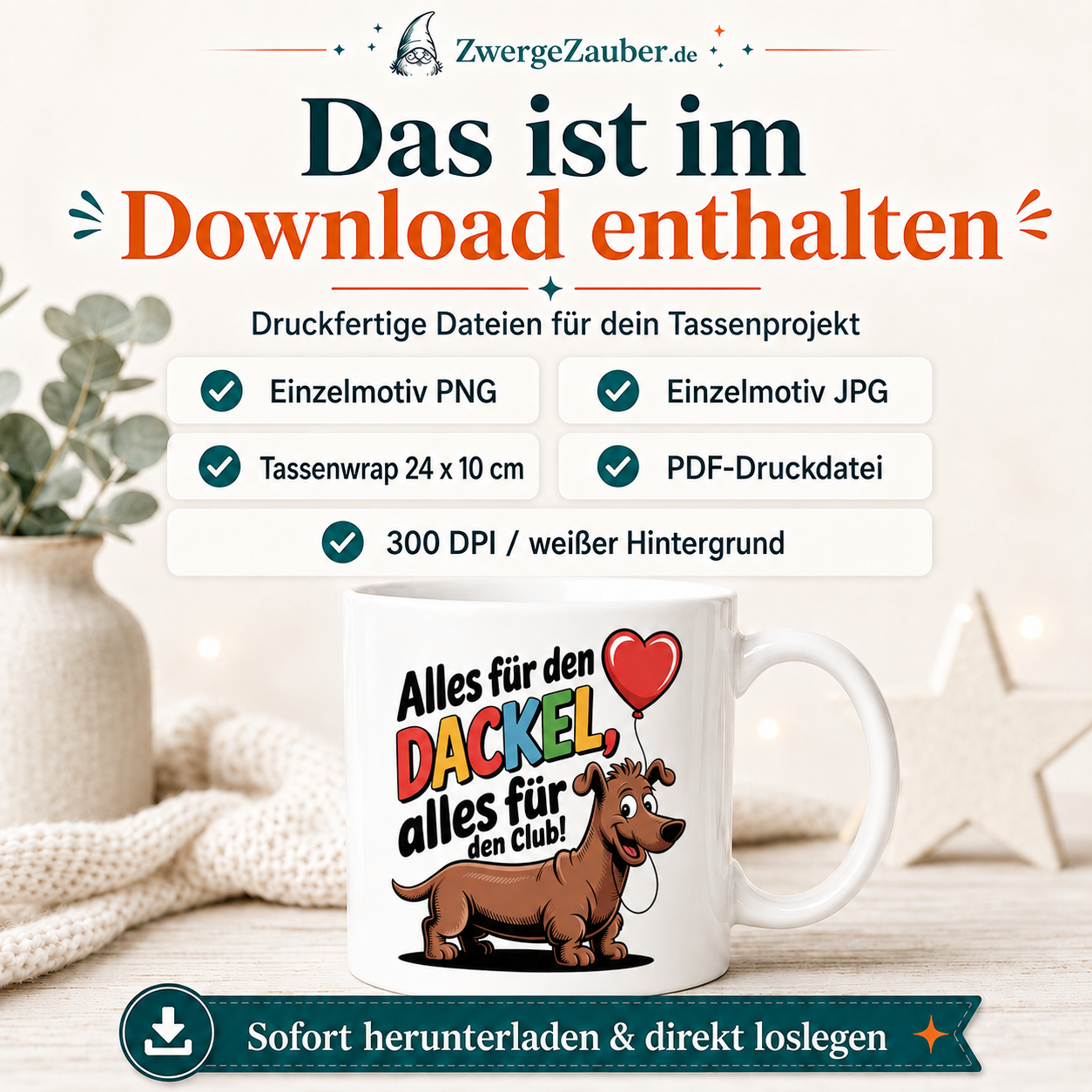 Verkaufsbild mit Download-Inhalt: PNG, JPG, PDF und Tassenwrap für das Dackel-Tassendesign.