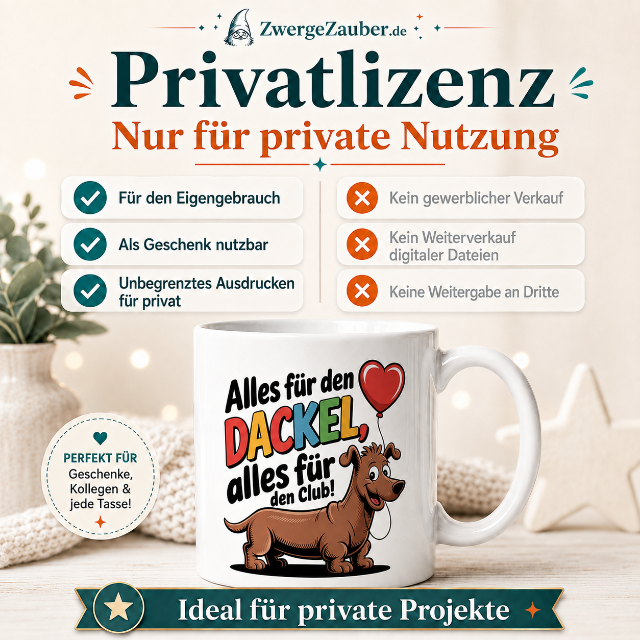 Verkaufsbild zur Privatlizenz des digitalen Dackel-Tassendesigns.