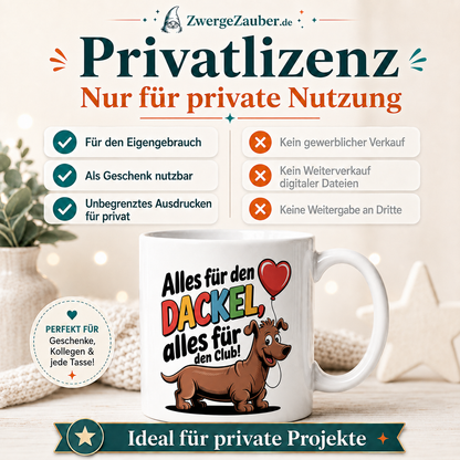 Verkaufsbild zur Privatlizenz des digitalen Dackel-Tassendesigns.