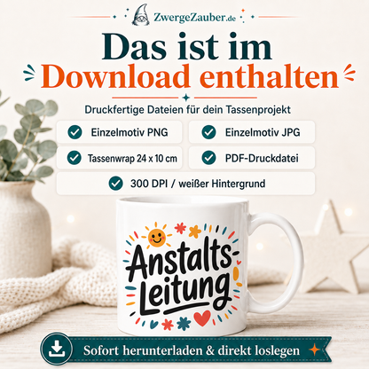 Verkaufsbild mit Dateiinhalten des Downloads für Anstalts Leitung: PNG, JPG, PDF und Tassenwrap.