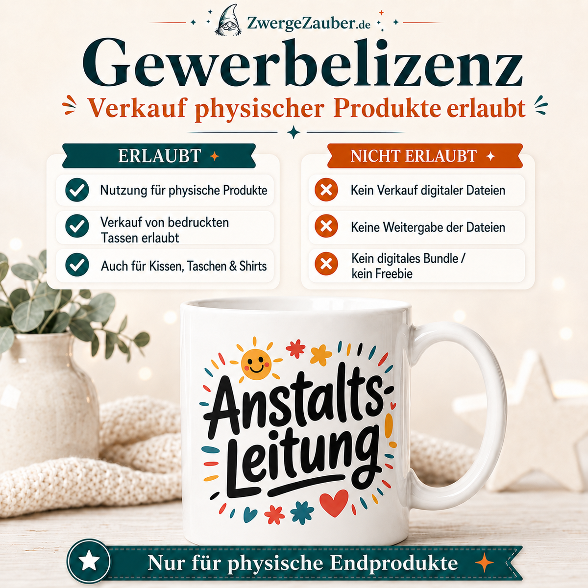 Verkaufsbild zur Gewerbelizenz für physische Endprodukte für das digitale Tassendesign Anstalts Leitung.