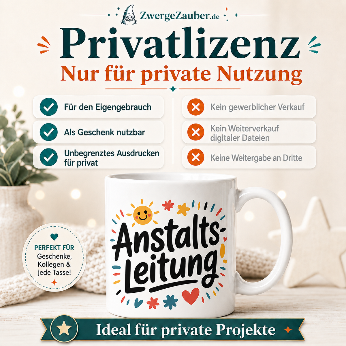 Verkaufsbild zur Privatlizenz für das digitale Tassendesign Anstalts Leitung.