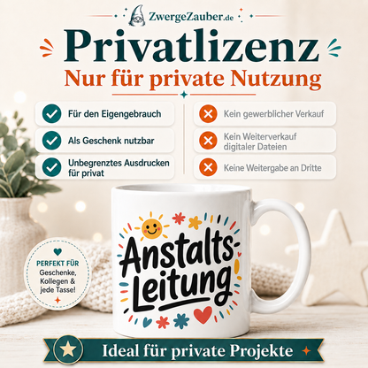 Verkaufsbild zur Privatlizenz für das digitale Tassendesign Anstalts Leitung.