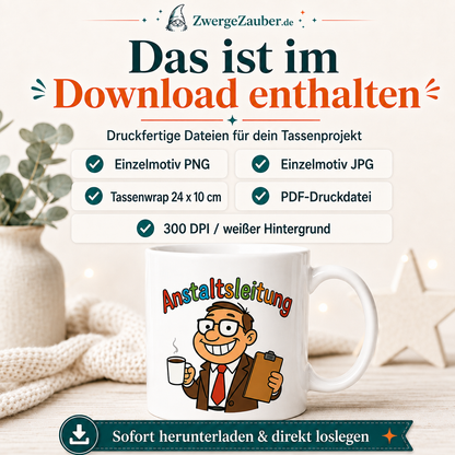 Verkaufsbild mit Dateiinhalten des Downloads für Anstaltsleitung: PNG, JPG, PDF und Tassenwrap.