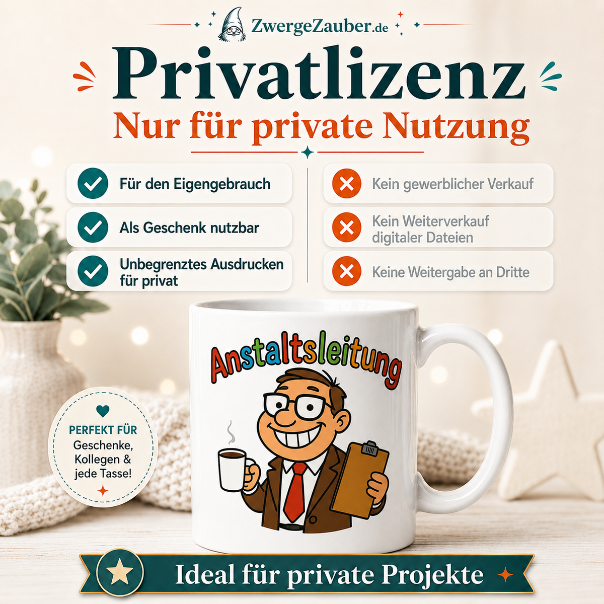 Verkaufsbild zur Privatlizenz für das digitale Tassendesign Anstaltsleitung.