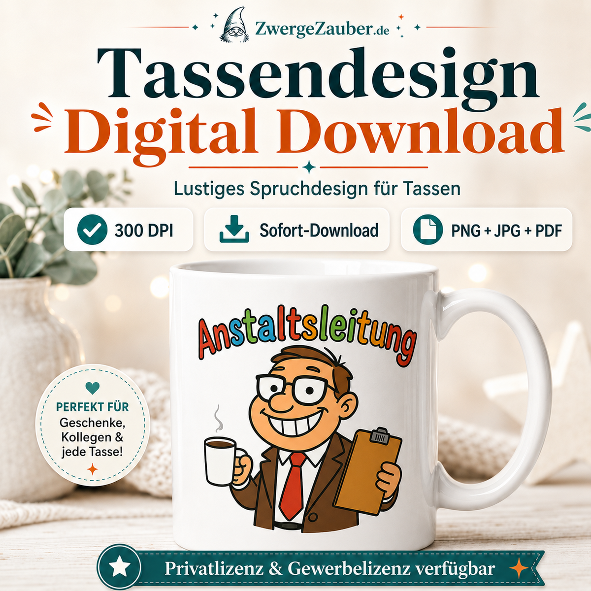 Vorschaubild für digitales Tassendesign Anstaltsleitung mit weisser Tasse und Sofort-Download-Hinweisen.