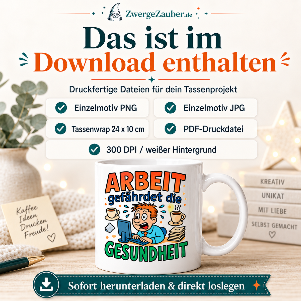 Arbeit gefährdet die Gesundheit - Tassendesign Digital Download – lustiger Spruch als PNG, JPG & PDF (Kopie)