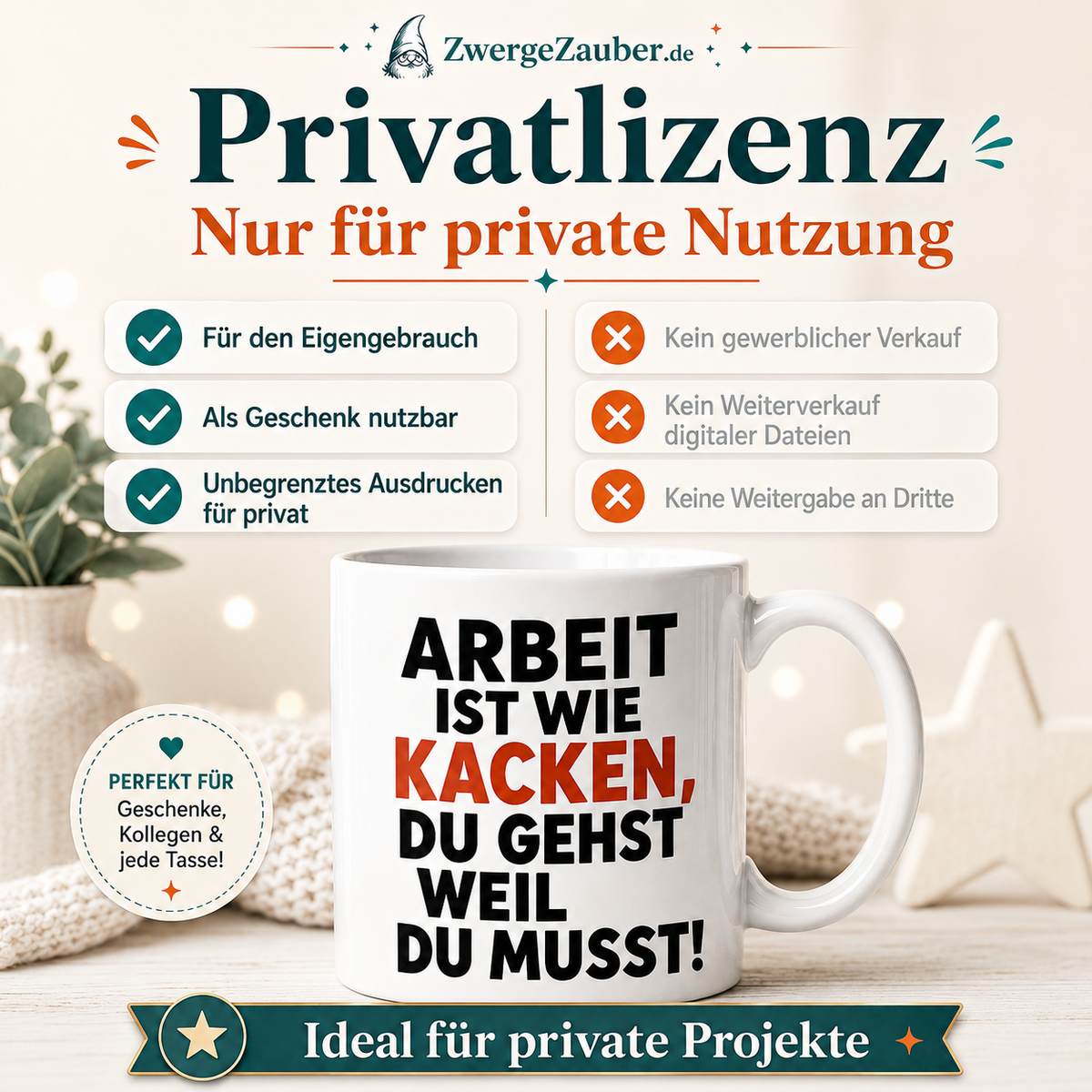 Privatlizenz für das digitale Tassendesign Arbeit ist wie Kacken von ZwergeZauber zur privaten Nutzung und für persönliche Projekte.