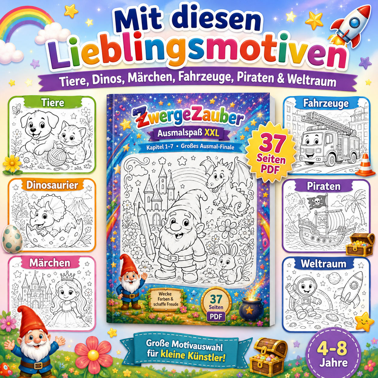 Ausmalbilder für Kinder mit Tieren, Dinosauriern, Märchen, Fahrzeugen, Piraten und Weltraum-Motiven