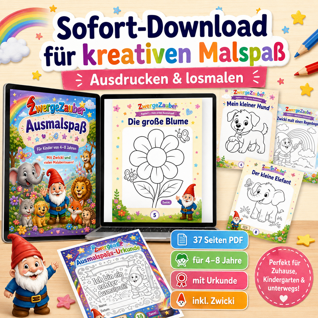 Digitaler Ausmalspaß als PDF Sofort-Download zum Ausdrucken mit 37 Seiten für Kinder von 4 bis 8 Jahren