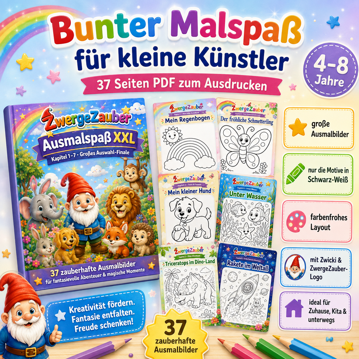 Ausmalspaß XXL für Kinder von 4 bis 8 Jahren mit großen Ausmalbildern, farbenfrohem Layout und Zwicki