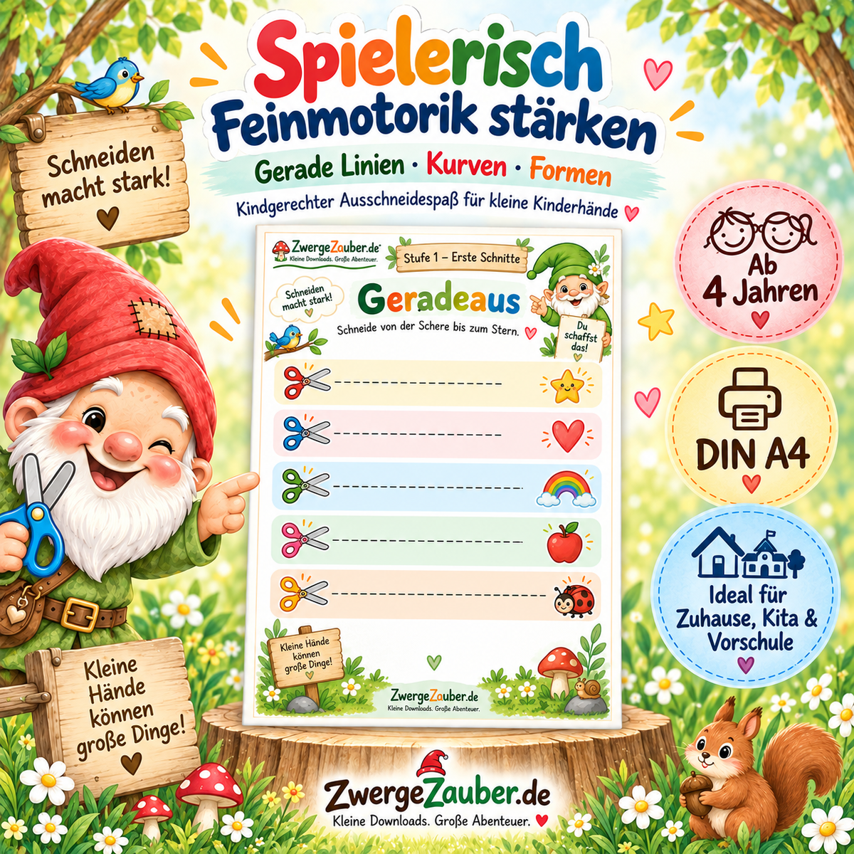 Ausschneideübungen für Kinder mit geraden Linien, Kurven, Formen und Bildern zum Schneiden