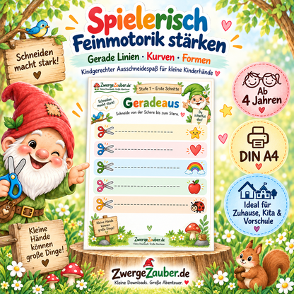 Ausschneideübungen für Kinder mit geraden Linien, Kurven, Formen und Bildern zum Schneiden