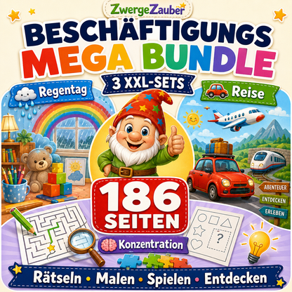 Beschäftigungs Mega Bundle XXL von ZwergeZauber mit 3 XXL-Sets für Regentag, Reise und Konzentration, 186 Seiten, Rätseln, Malen, Spielen und Entdecken für Kinder