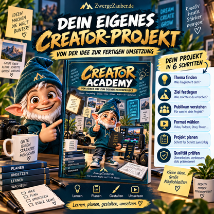 Creator Academy für 11–14 Jahre – vom eigenen Thema über Zielgruppe und Format bis zum fertigen Medienprojekt mit Planung, Gestaltung und Qualitätscheck
