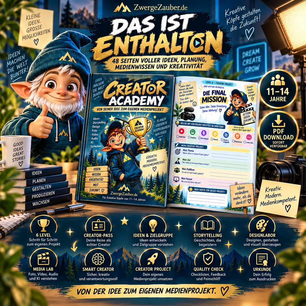 Das ist in der Creator Academy enthalten – 48 Seiten mit 6 Leveln, Creator-Pass, Ideen und Zielgruppe, Storytelling, Designlabor, Media Lab, Smart Creator, Abschlussprojekt und Urkunde