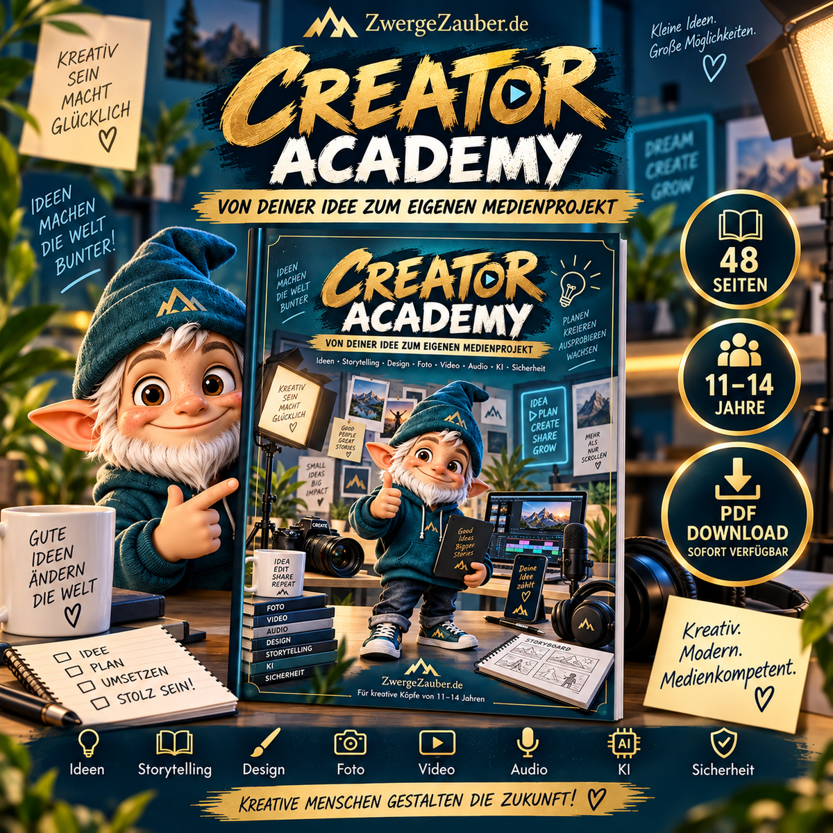 Creator Academy von ZwergeZauber – 48-seitiges PDF-Workbook für Kinder von 11–14 Jahren zu Kreativität, Medienkompetenz, Storytelling, Design, Foto, Video, Audio, KI und Sicherheit