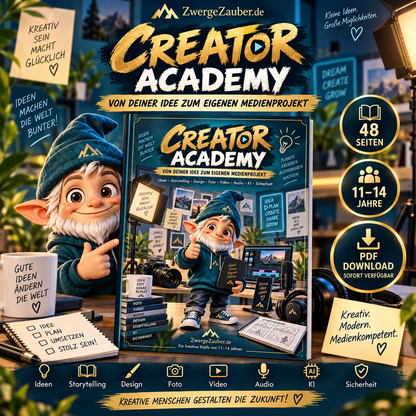 Creator Academy von ZwergeZauber – 48-seitiges PDF-Workbook für Kinder von 11–14 Jahren zu Kreativität, Medienkompetenz, Storytelling, Design, Foto, Video, Audio, KI und Sicherheit