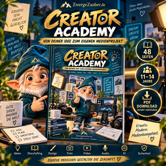 Creator Academy von ZwergeZauber – 48-seitiges PDF-Workbook für Kinder von 11–14 Jahren zu Kreativität, Medienkompetenz, Storytelling, Design, Foto, Video, Audio, KI und Sicherheit