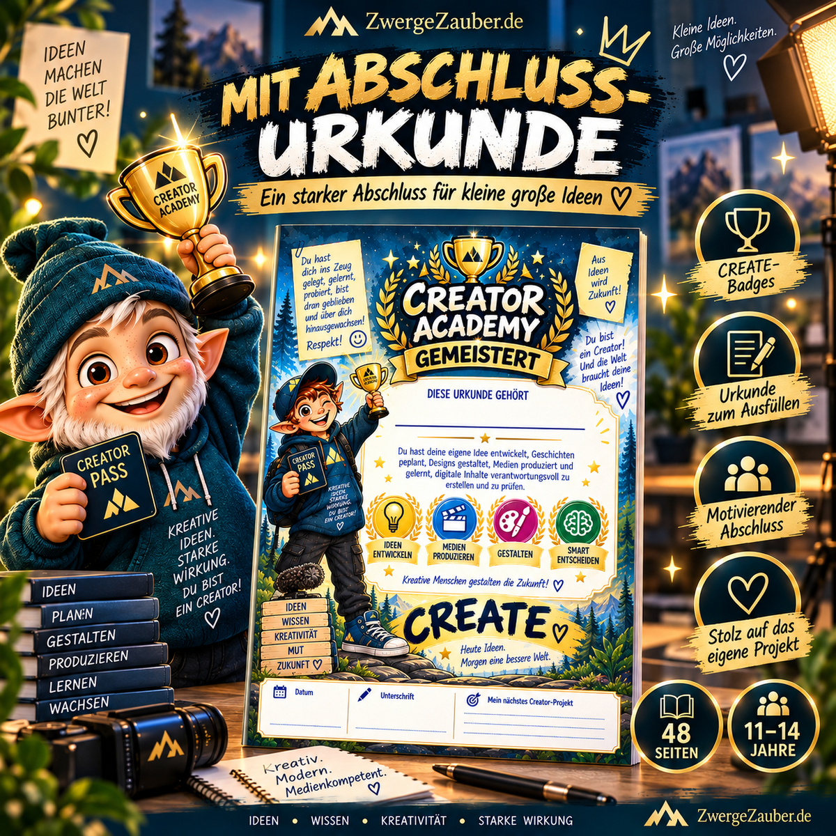 Creator Academy mit Abschlussurkunde – motivierender Abschluss des 48-seitigen Medienkompetenz-Workbooks für kreative Kinder und Jugendliche von 11–14 Jahren