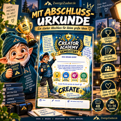 Creator Academy mit Abschlussurkunde – motivierender Abschluss des 48-seitigen Medienkompetenz-Workbooks für kreative Kinder und Jugendliche von 11–14 Jahren