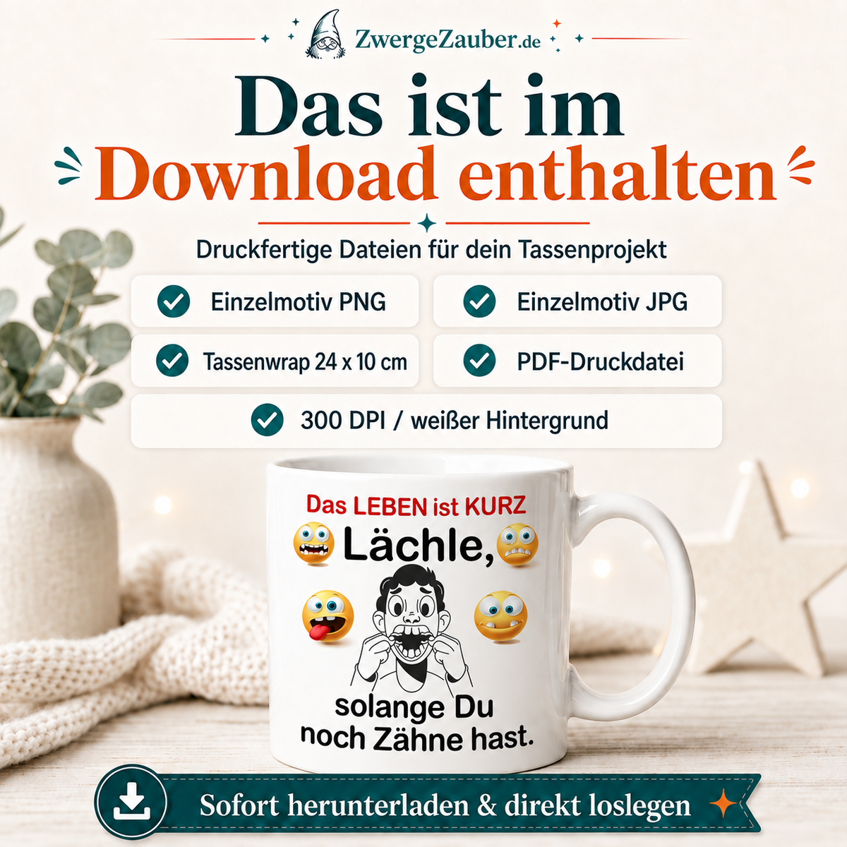 ZwergeZauber Tassendesign Das Leben ist kurz - lächle, solange du noch Zähne hast  – Verkaufsbild 2