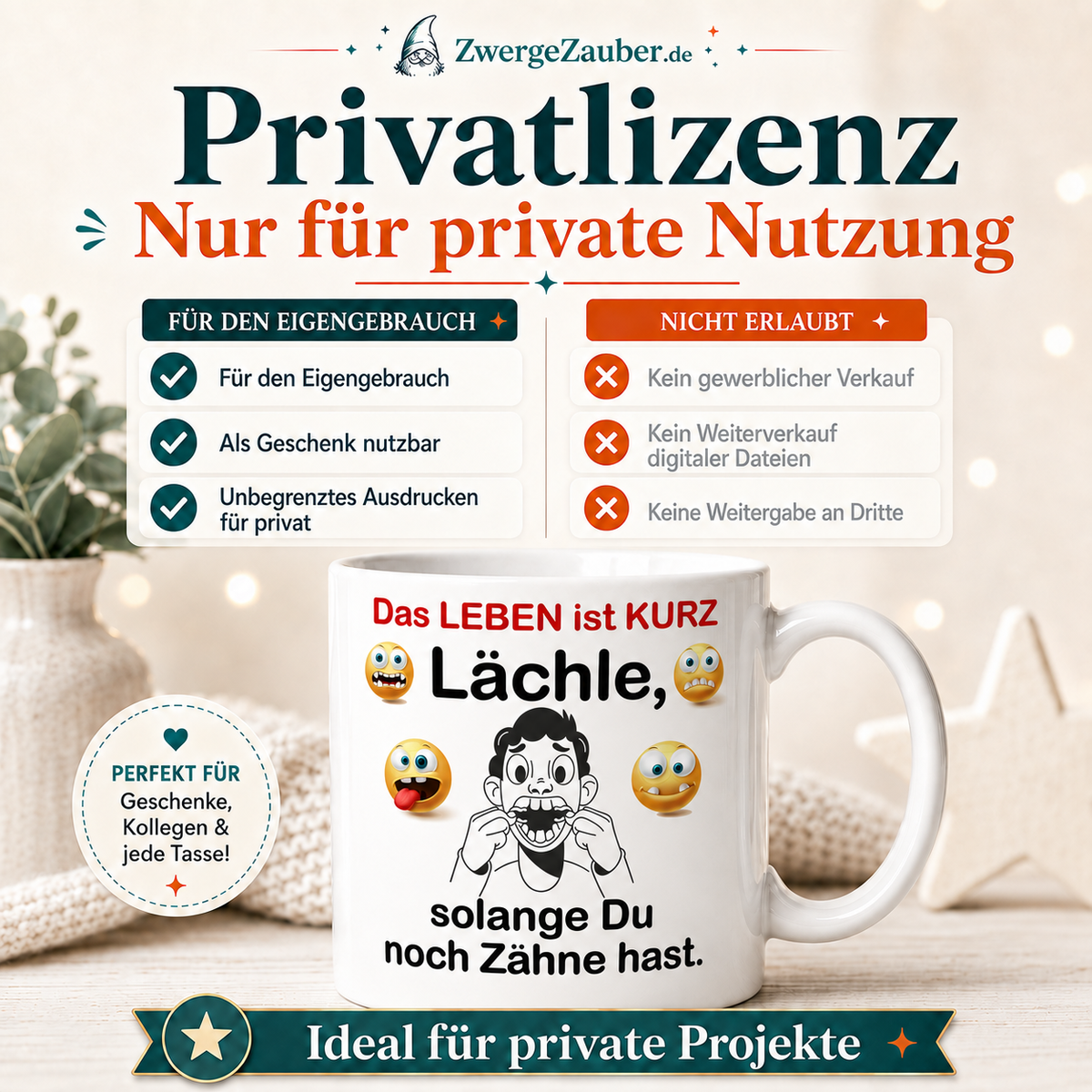ZwergeZauber Tassendesign Das Leben ist kurz - lächle, solange du noch Zähne hast  – Verkaufsbild 3
