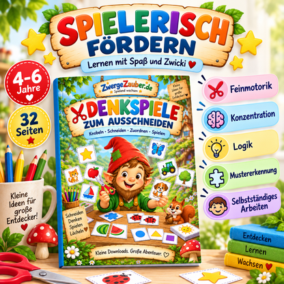 Beispielseite aus den Denkspielen für Kinder 4–6 Jahre mit Bilderreihen, Mustern, Logik und Ausschneidekarten
