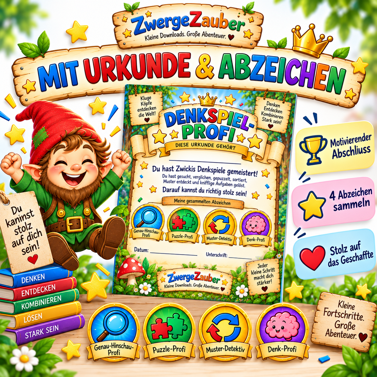 Denkspiel-Profi Urkunde und vier Abzeichen als motivierender Abschluss der ZwergeZauber Denkspiele zum Ausschneiden