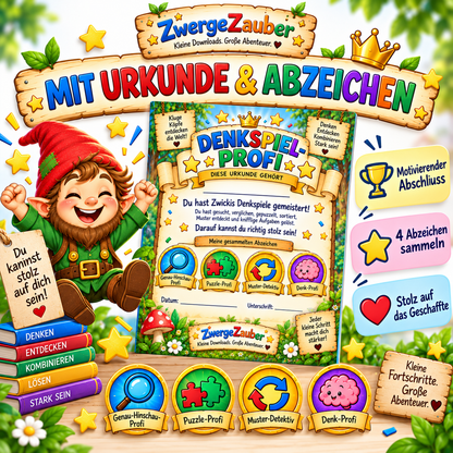 Denkspiel-Profi Urkunde und vier Abzeichen als motivierender Abschluss der ZwergeZauber Denkspiele zum Ausschneiden