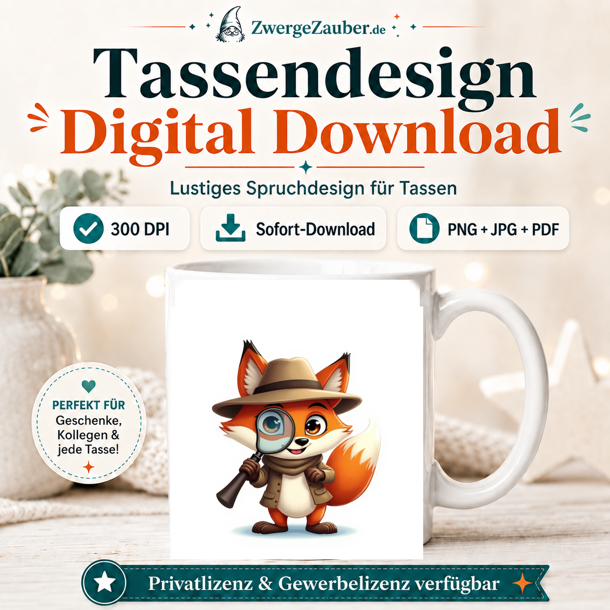 ZwergeZauber Tassendesign Detektiv-Fuchs mit Lupe – Verkaufsbild 1