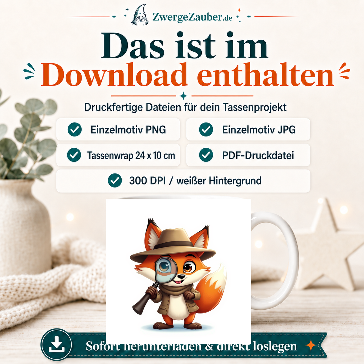 ZwergeZauber Tassendesign Detektiv-Fuchs mit Lupe – Verkaufsbild 2