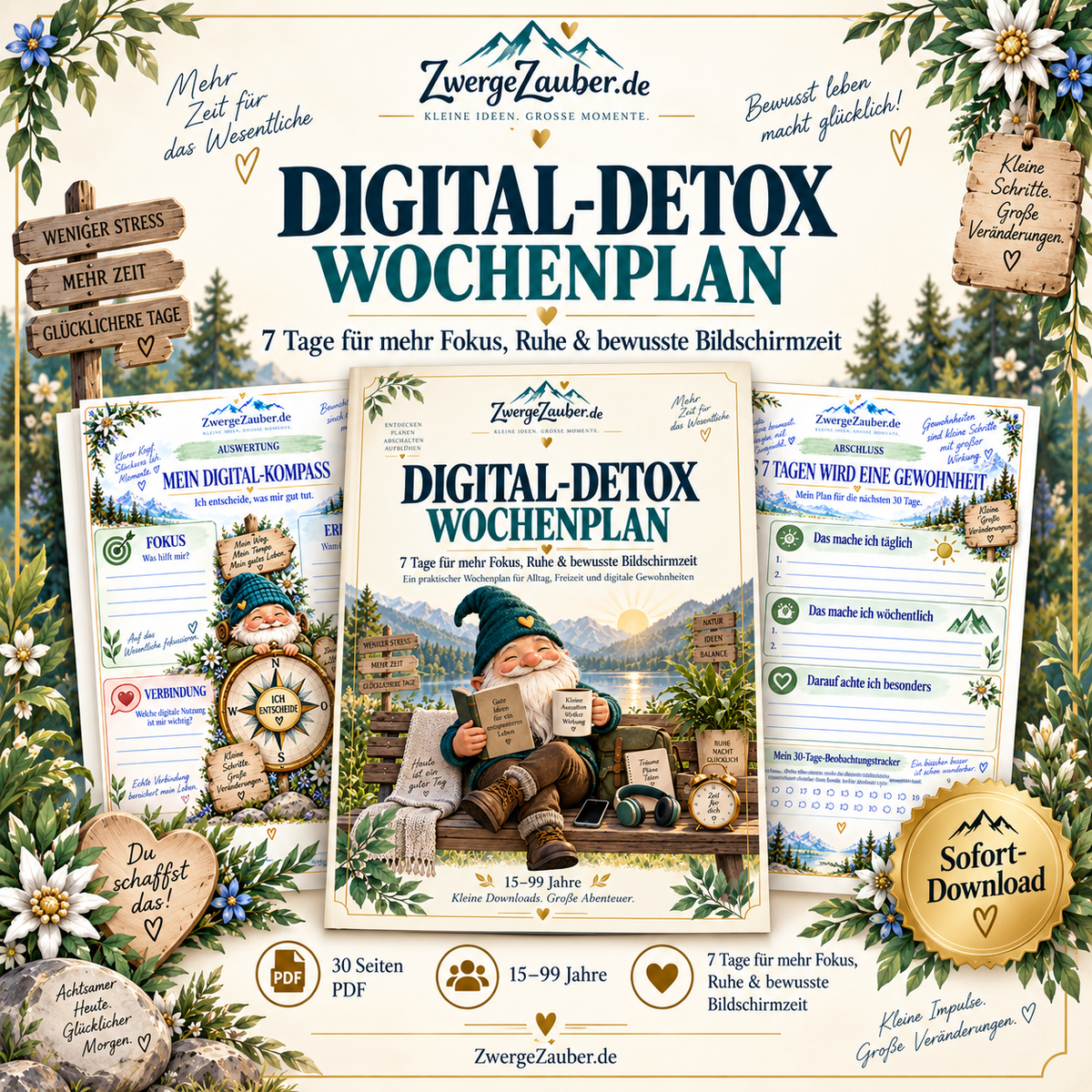 Digital-Detox Wochenplan als 30-seitiges PDF von ZwergeZauber für Jugendliche und Erwachsene mit 7-Tage-Plan für mehr Fokus und bewusste Bildschirmzeit