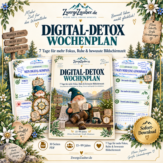 Digital-Detox Wochenplan als 30-seitiges PDF von ZwergeZauber für Jugendliche und Erwachsene mit 7-Tage-Plan für mehr Fokus und bewusste Bildschirmzeit