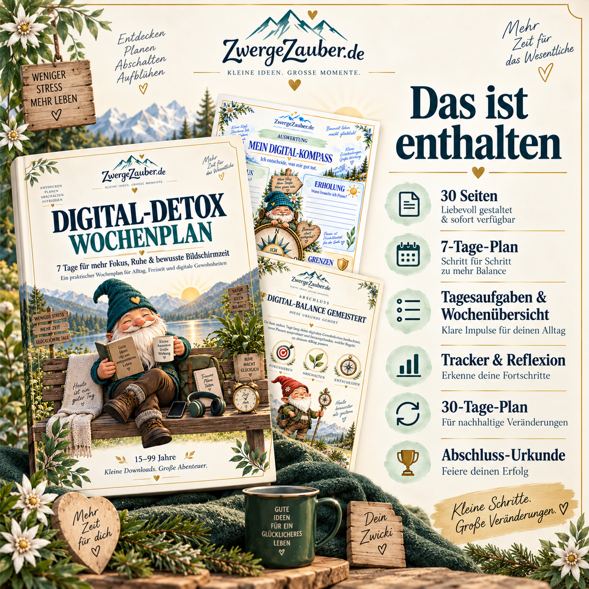Digital-Detox Wochenplan mit 30 Seiten, 7-Tage-Plan, Tagesaufgaben, Wochenübersicht, Trackern, Reflexion, 30-Tage-Plan und Abschluss-Urkunde
