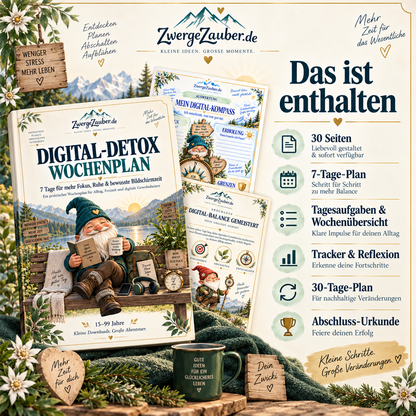 Digital-Detox Wochenplan mit 30 Seiten, 7-Tage-Plan, Tagesaufgaben, Wochenübersicht, Trackern, Reflexion, 30-Tage-Plan und Abschluss-Urkunde