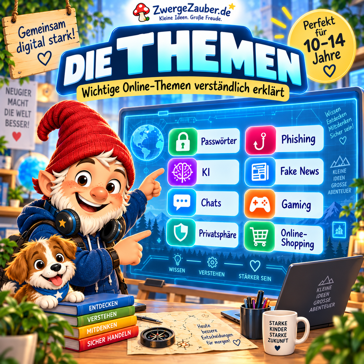 Medienkompetenz für Kinder von 10 bis 14 Jahren zu Passwörtern, Phishing, KI, Fake News, Chats, Gaming, Privatsphäre und Online-Shopping