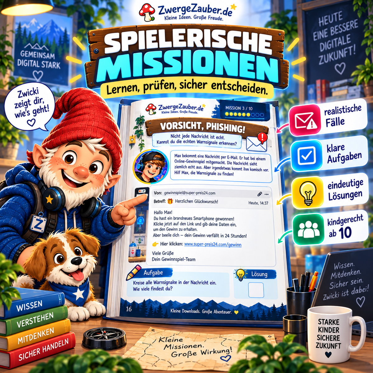 Spielerische Mission aus Zwickis Digitalführerschein zum Erkennen von Phishing und digitalen Gefahren für Kinder ab 10 Jahren