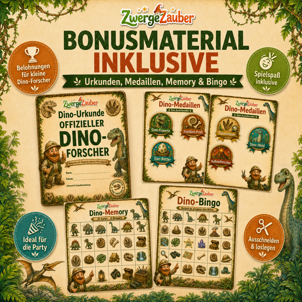 Dino Schatzsuche mit 8 spannenden Stationen wie Dino-Spuren, Fossilienhöhle, Dino-Dschungel, Vulkan und Schatzhöhle