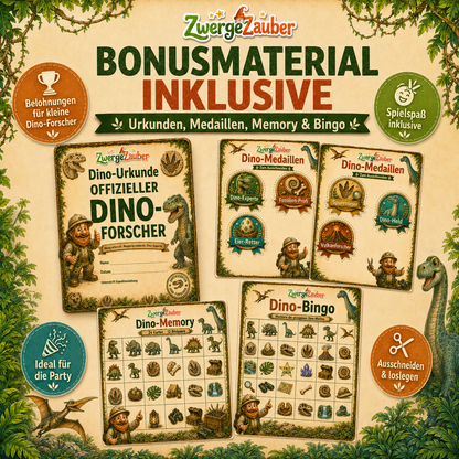 Dino Schatzsuche mit 8 spannenden Stationen wie Dino-Spuren, Fossilienhöhle, Dino-Dschungel, Vulkan und Schatzhöhle