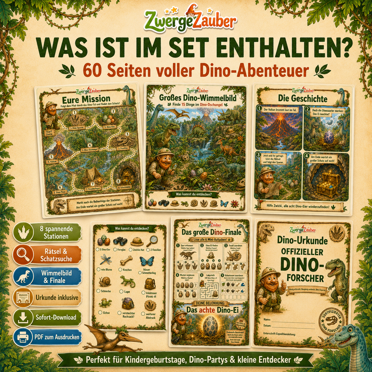 Dino Kindergeburtstag Komplettset als PDF Sofort-Download mit Schatzsuche, Einladungen, Rätseln und Zwicki von ZwergeZauber