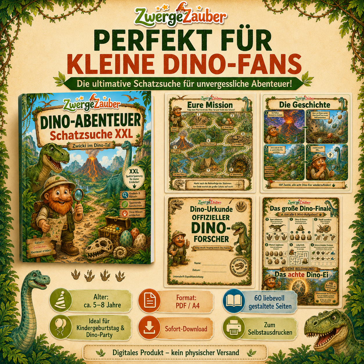 Übersicht zur Dino Schatzsuche mit 60 liebevoll gestalteten Seiten, Rätseln, Spielen und Abenteuern für den Kindergeburtstag