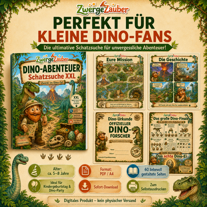 Übersicht zur Dino Schatzsuche mit 60 liebevoll gestalteten Seiten, Rätseln, Spielen und Abenteuern für den Kindergeburtstag