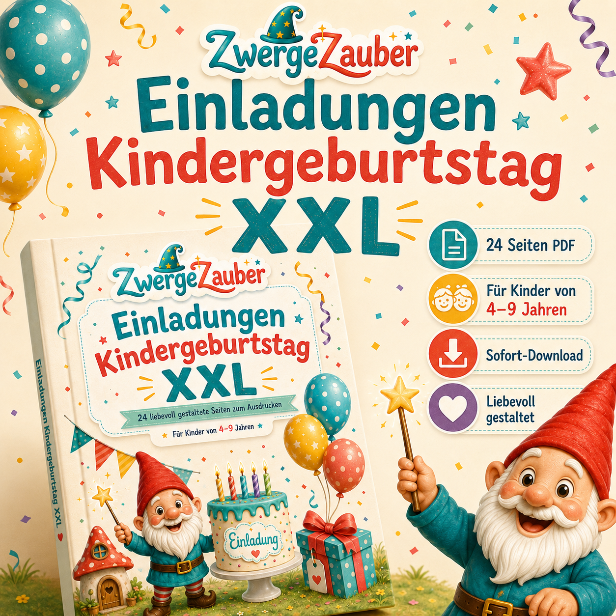 Einladungen Kindergeburtstag XXL PDF mit 24 liebevoll gestalteten Seiten für Kinder von 4 bis 9 Jahren