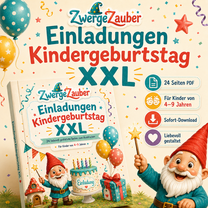 Einladungen Kindergeburtstag XXL PDF mit 24 liebevoll gestalteten Seiten für Kinder von 4 bis 9 Jahren